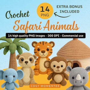 Lot de cliparts animaux de safari - PNG mignons de la jungle au crochet pour enfants, scrapbooking, cartes et POD - Usage commercial inclus