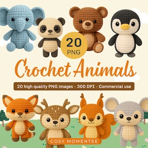Crochet Tier Clipart Bundle 20 süße Amigurumi Tiere PNG für Aufkleber Scrapbooking POD