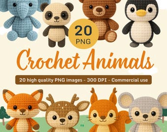 May include: A collection of crochet animal figures, including an elephant, panda, bear, penguin, fox, deer, squirrel, and mouse. The image includes the text "Crochet Animals" and "20 PNG". The figures are in various colors and styles.