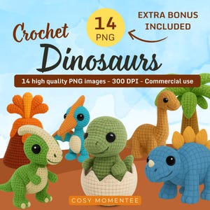 Op de afbeelding: Een verzameling kleurrijke gehaakte dinosaurussen, waaronder een groene T-Rex die uit een ei komt, een blauwe Stegosaurus en een langhalsige bruine dinosaurus. De afbeelding bevat de tekst "Crochet Dinosaurs" en "14 PNG".