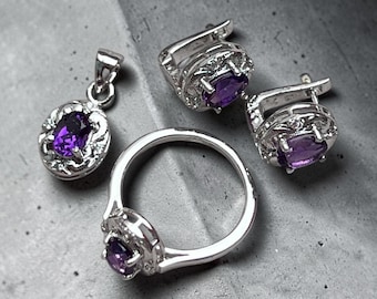 Amethist sieradenset van sterling zilver | Ovale halo ring, oorbellen en hanger set | Geboortesteen cadeau van februari | Sieraden met paarse edelsteen