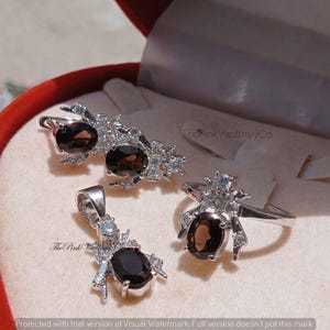 Luxury Smokey Topaz Ring Earrings Pendant Necklace Set,Garnet Jewelry Set,Silver Jewelry, 925 Sterling Silver Set,Wedding Gift~Lovely Set~