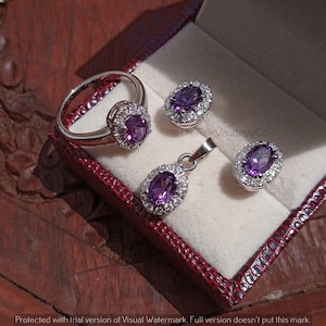 Elegant Amethyst Ring Earrings Pendant Necklace Set,Amethyst Jewelry Set,Minimal Silver Jewelry, 925 Sterling Silver Set,Anniversary Gift~
