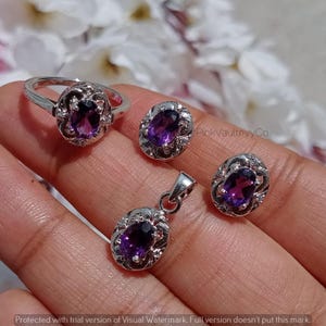 Dainty Amethyst Ring Earrings Pendant Necklace Set,Amethyst Jewelry Set,Minimalist Silver Jewelry, 925 Sterling Silver Set,Wedding Gift~