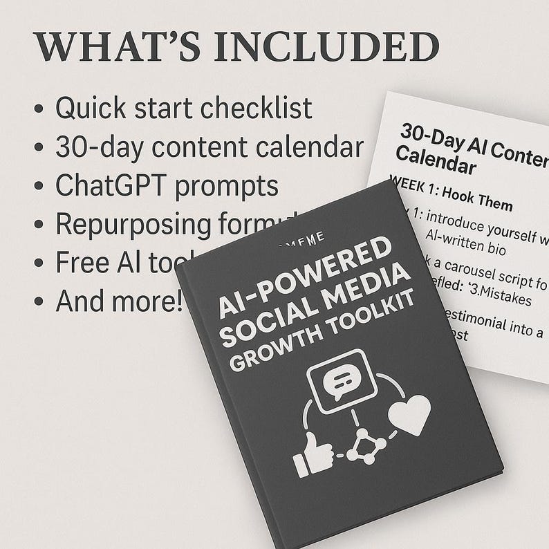 Op de afbeelding: Een zwart boek getiteld 'AI-Powered Social Media Growth Toolkit' met witte tekst en iconen, waaronder een duim omhoog, een tekstballon en een hart. Een 30-daagse contentkalender en een lijst met inbegrepen items zijn ook zichtbaar.