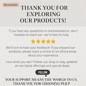 Op de afbeelding: Een beige afbeelding met de tekst "THANK YOU FOR EXPLORING OUR PRODUCTS!". Bevat vijf gouden sterren en een "FOLLOW"-knop. De tekst zegt ook "Bestseller".