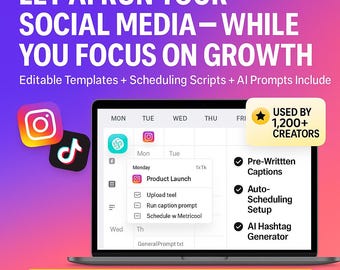 AI Social Media Planner und Auto Terminplaner | Chat, GPT Prompts, Canva Templates, Google Sheets für Instagram, TikTok & Mehr