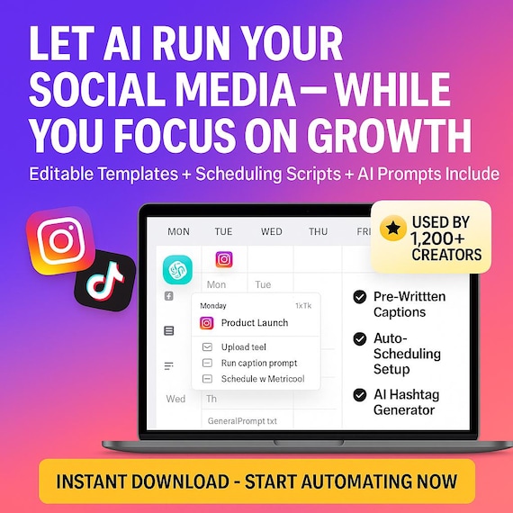 AI Social Media Planner And Auto Scheduler | ChatGPT Prompts, Canva Templates, Google Sheets for Instagram, TikTok & More
