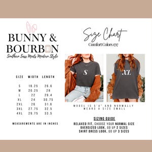 May include: A size chart for Comfort Colors 1717 t-shirts. The chart includes measurements in inches for sizes S to 4XL, along with sizing recommendations. The image also features the "Bunny & Bourbon" logo and two models wearing the t-shirts.