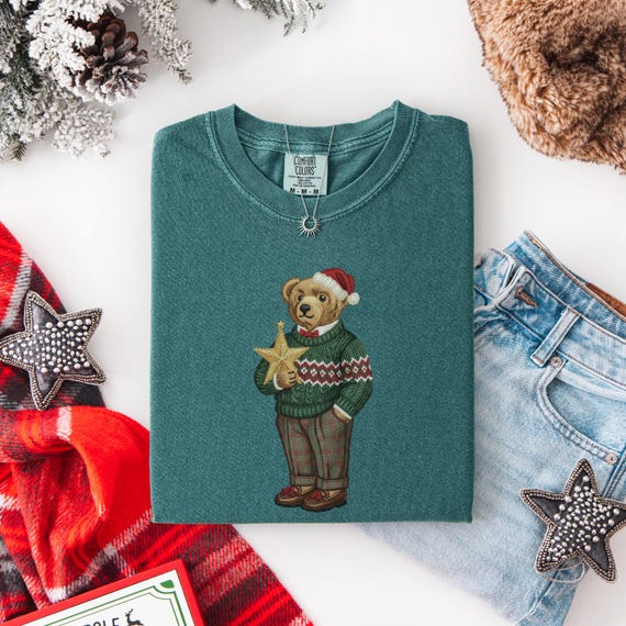 Christmas Bear Graphic Tee, Vintage Holiday Bear Shirt for Her, Preppy Gift for Women, Comfort Colors Tee, Retro Christmas Top