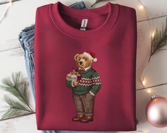 Classic Christmas Bear Sweater, Holiday Teddy Bear Graphic Sweatshirt for Her, Vintage Bear Design Pullover Gift for Women, Teddy Bear Shirt