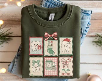 Holiday Dental Sweatshirt, Tooth Stamp Graphic Sweater, Santa Hygienist Pullover, Winter Dental Tools Design,  Dentist Gift Idea, Tooth Tee
