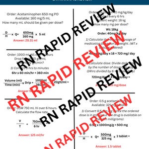 May include: A white sheet with medical calculation examples, including dosage and flow rate problems. The text includes formulas and answers, with the words "BONUS EXAMPLES" at the top.