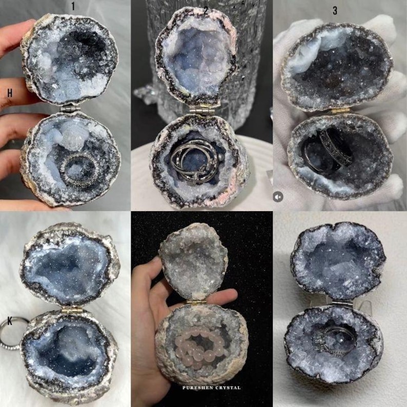 Puede incluir: Una colecci&oacute;n de seis cajas para anillos de geoda abierta, cada una con un exterior oscuro y rugoso y un interior hueco revestido de cristales azul gris&aacute;ceos brillantes. Algunas cajas contienen anillos o una pulsera de cuentas.