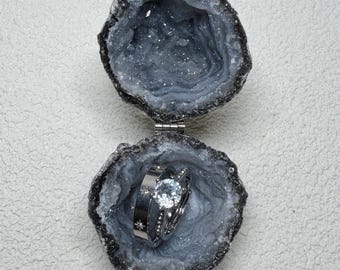 Caja para anillos azul y blanca brillante, joyero de cristal para propuesta, caja de geoda mexicana, regalo de compromiso