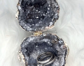 Caja de joyería de geoda de ágata natural gris y negra, caja para anillos, caja de cristal para bodas, compromisos, regalos de amor