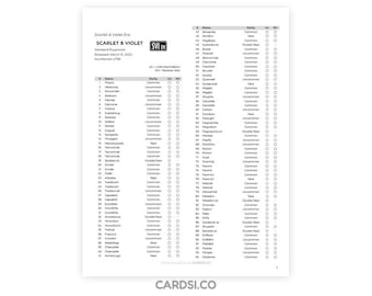 May include: A white sheet with the text "Scarlet & Violet Era" and a list of names, rarity, and other details. The text "SCARLET & VIOLET" is in bold. The document is numbered and includes the website address CARDSI.CO.