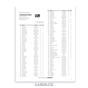 May include: A white checklist for the "Scarlet & Violet Era Paldean Fates" special expansion. The list includes names, rarity, and other details for each card. The website address CARDSi.CO is at the bottom.