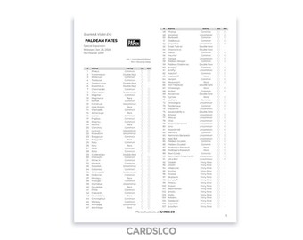 May include: A white checklist for the "Scarlet & Violet Era Paldean Fates" special expansion. The list includes names, rarity, and other details for each card. The website address CARDSi.CO is at the bottom.
