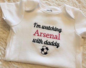 Embroidered baby grow, Football fan football babygrow, i’m watching ARSENAL with daddy/mummy, 100% cotton baby grow, personalised