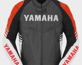 ヤマハレーシングレザージャケット：ブラック＆レッド牛革、CE保護
