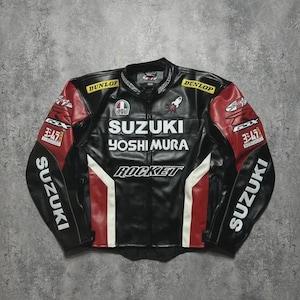Chaqueta de cuero Suzuki Yoshimura vintage para motociclista - Estilo retro de carreras - Chaqueta GSX Rocket - Rojo, negro y blanco - Equipo de motociclismo