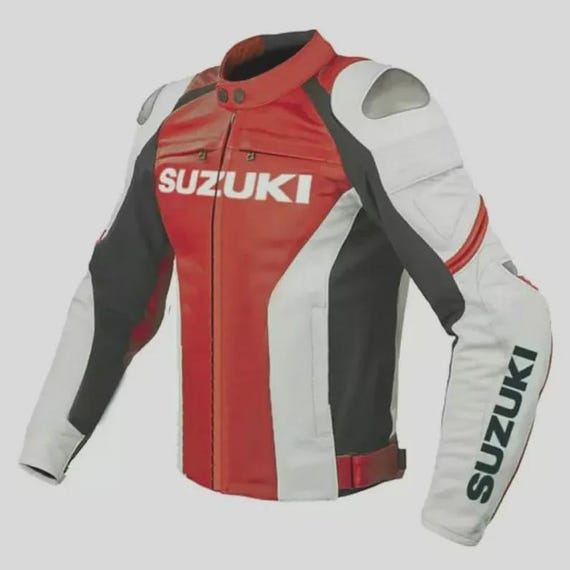 Suzuki GSX-R Leather Motorcycle Jacket: CE Armored Red White