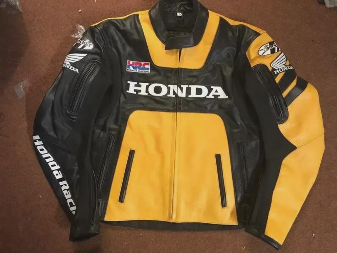 Honda Racing Leather Motorcycle Jacket Black & Yellow Cowhide