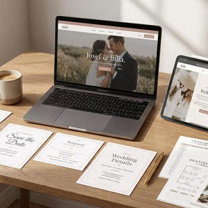 May include: A wooden desk displays a laptop and tablet showcasing a wedding website. Wedding stationery includes "Thank You," "Save the Date," and "Wedding Details" cards. A mug of coffee and a pen are also on the desk. Dried flowers in a vase complete the scene.
