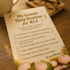 May include: A cream-coloured checklist titled "My Gentle Sleep Routine for RLS" with a calming nightly checklist for Restless Legs Syndrome. The checklist includes steps like taking magnesium, avoiding caffeine, and journaling. A cup of tea, glasses, and a notebook are also in the image.