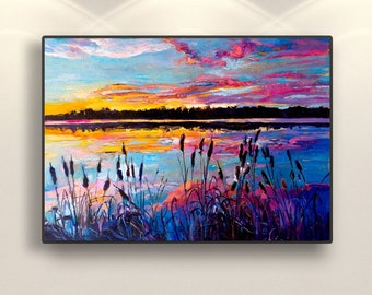 Sunset Painting on Canvas, Original Art, Lake Art, Abstract Painting, Seascape Painting, Living Room Wall Art, Large Wall Art, Home Decor