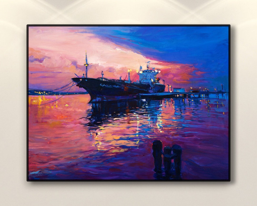 Boat Painting on Canvas, Original Art, Harbour Painting, Sea Painting