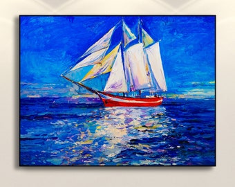 Sailboat Painting on Canvas, Original Art, Sunset Painting, Modern Art, Wall Art, Abstract Art, Sea Painting, Vertical Art, Gift Ideas