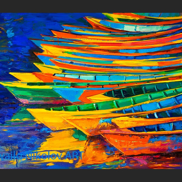 Œuvres d’art modernes Boats3 26x20in Seascape Painting Original Art Impressionniste OIl on Canvas par Ivailo Nikolov