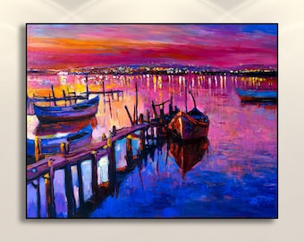 Peinture au coucher du soleil sur toile, Art mural original, Art mural océanique, Peinture de mer, Art mural moderne, Art nautique, Décoration murale de la chambre, Art vertical