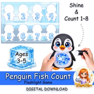 Puede incluir: Un juego de descarga digital con un pingüino de dibujos animados con ilustraciones de peces. El juego incluye una actividad de conteo con formas de pingüinos numeradas del 1 al 8. El juego está diseñado para niños de 3 a 5 años. El texto dice "Penguin Fish Count Flashlight Game".