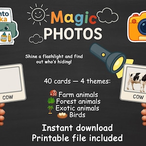 Juego de linterna imprimible para niños – Tarjetas mágicas de animales – Aprende y juega: Granja, Bosque, Aves, Exótico