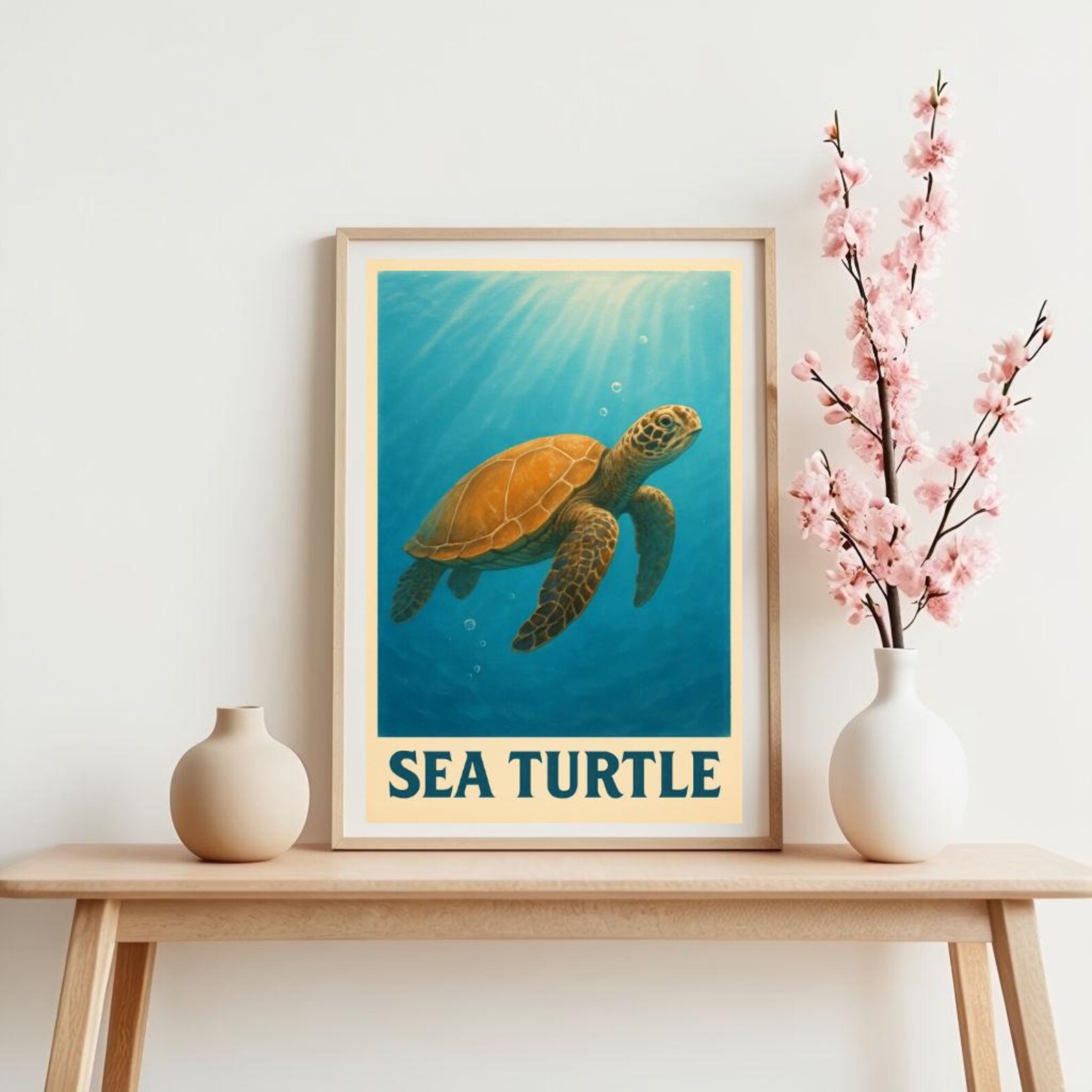 Sea Turtle Underwater Ocean Art Print PNG | Minimalist Marine Life Wall ...
