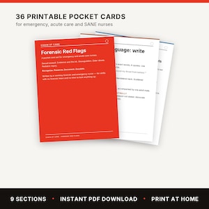 Könnte beinhalten: Ein Set aus 36 druckbaren Pocket-Cards für Notfall-, Akutpflege- und SANE-Pflegekräfte. Die Karten haben ein rotes Deckblatt mit der Aufschrift Forensic Red Flags sowie weiße Karten mit Richtlinien zur klinischen Dokumentation.