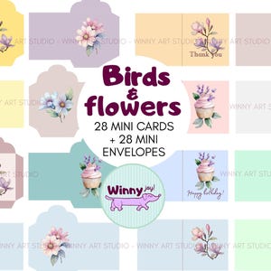 Jeu de mini cartes et enveloppes à imprimer Oiseaux et fleurs