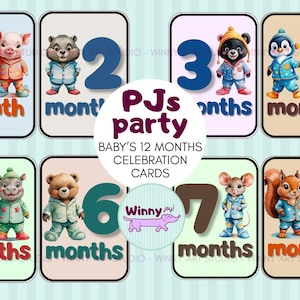 Tarjetas de celebración de 12 meses para bebés, fiesta de pijamas, guardería, tarjetas imprimibles para fotos bonitas y recuerdos especiales
