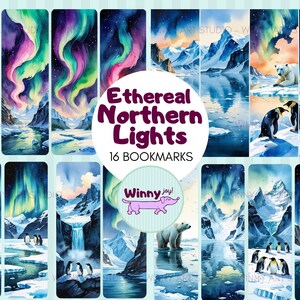 May include: Set of 16 bookmarks featuring watercolor illustrations of the Northern Lights, polar bears, and penguins in a winter landscape. The bookmarks have a vertical rectangular shape and feature vibrant colors of green, purple, and blue.
