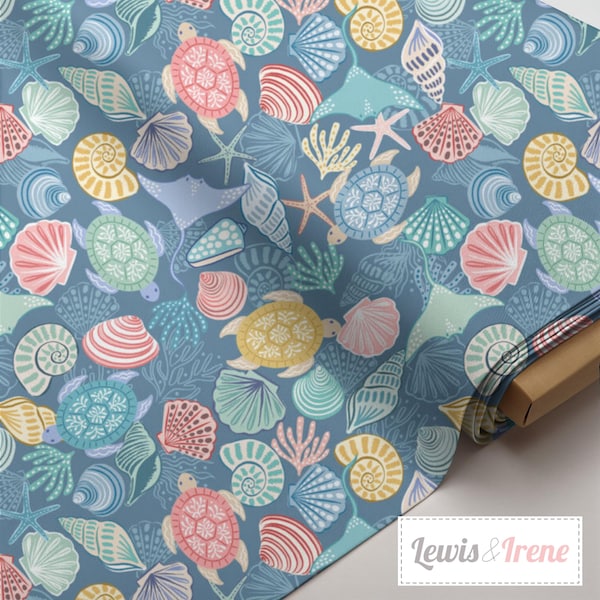 Seashell Turtle Coastal Cotton Fabric, Ocean Beach Nautical Print, Starfish Shell Quilting Sewing Material Lewis & Irene Seas the Day