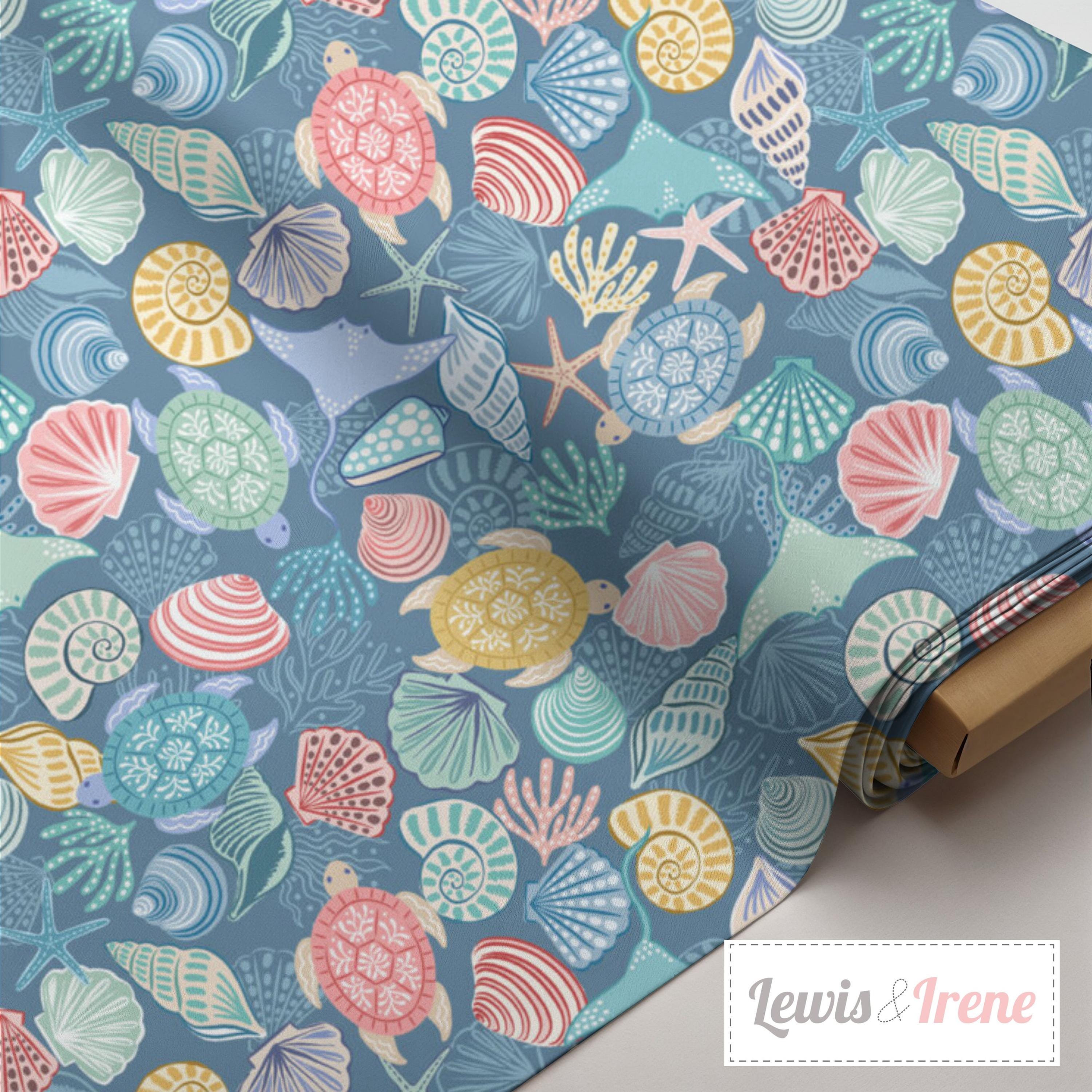 Ocean Shell Textiles Seashell Turtle Coastal Cotton Fabric, Ocean Beach Nautical Print ...