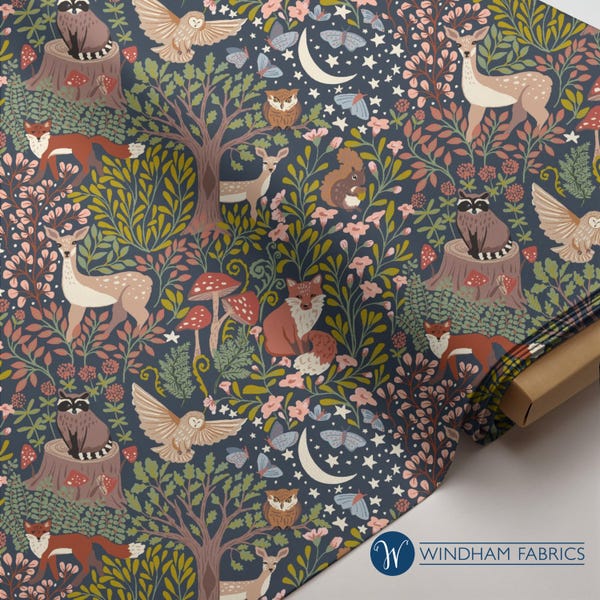 Under the Canopy Enchanted Organic Cotton Fabric, Forest Friends, Jennifer Moore, Woodland Animals, Half yard increment