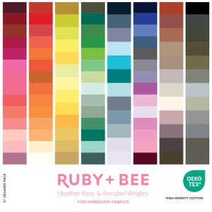 May include: A fabric squares pack featuring a vibrant color palette. The image displays multiple vertical columns of color swatches, ranging from pinks and reds to greens, blues, and browns. The text "RUBY + BEE" is prominently displayed, along with the names of the designers and fabric details.