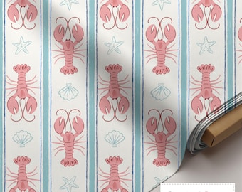 Lobster Stripe Cotton Fabric, Nautical Coastal Seafood Print, Beach House Quilting Fabric, Red Blue Ocean Material, Lewis Irene Seas the Day