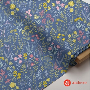 May include: A roll of fabric featuring a floral pattern. The design includes yellow, pink, and light blue flowers and foliage on a dark blue background. The fabric is printed with the Andover logo.