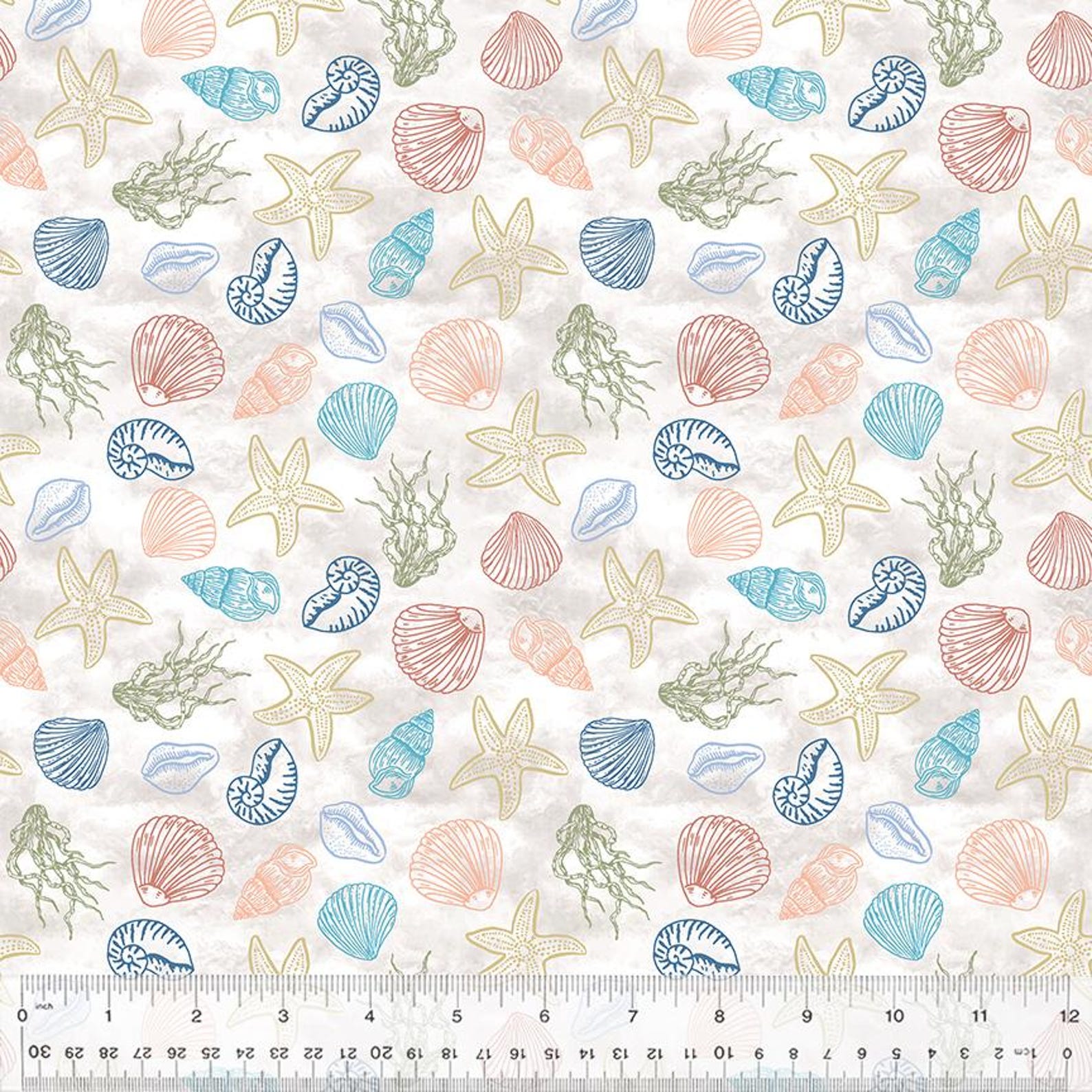 Ocean Shell Textiles Seashell Fabric, Coastal Beach, Starfish Shells Nautical, Ocean Sea ...