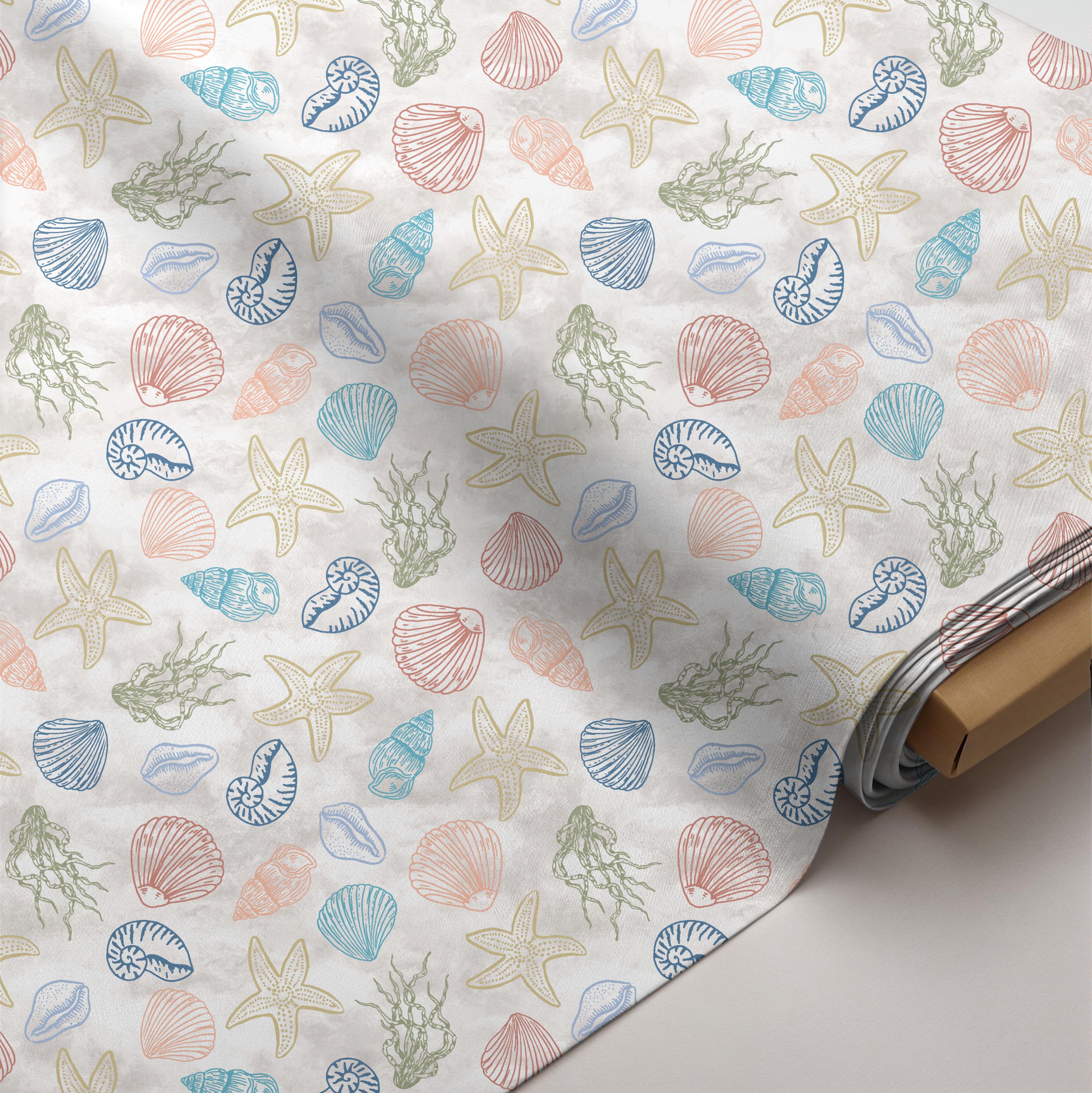 Ocean Shell Textiles Seashell Fabric, Coastal Beach, Starfish Shells Nautical, Ocean Sea ...